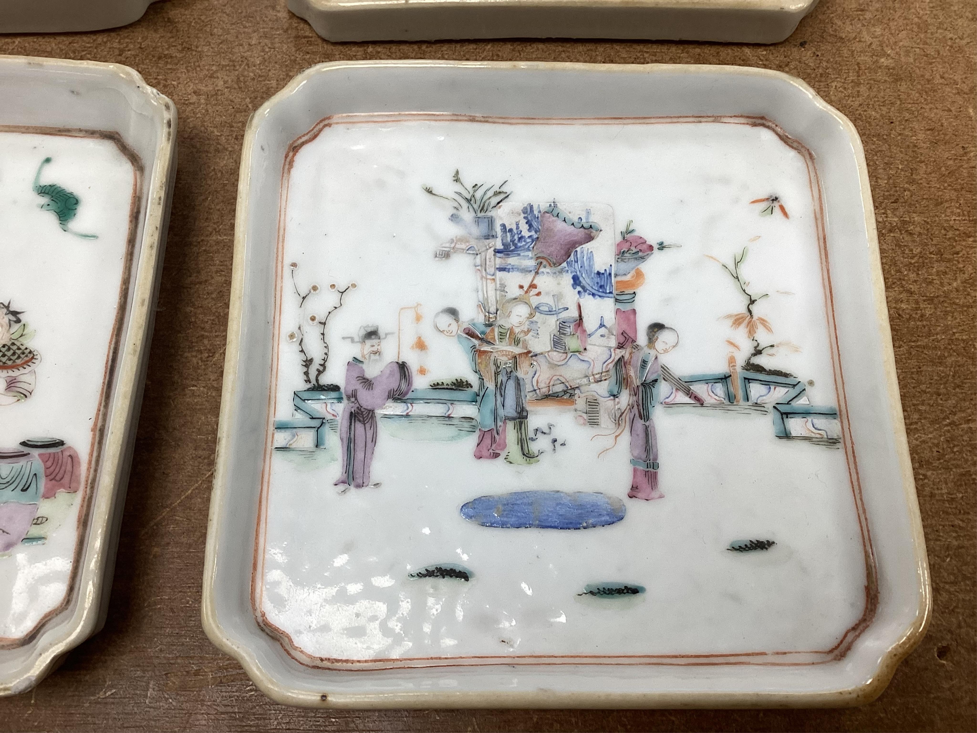 A set of four Chinese famille rose square dishes, late 19th century, and a carved wood pouring vessel, dishes 13.5cm square